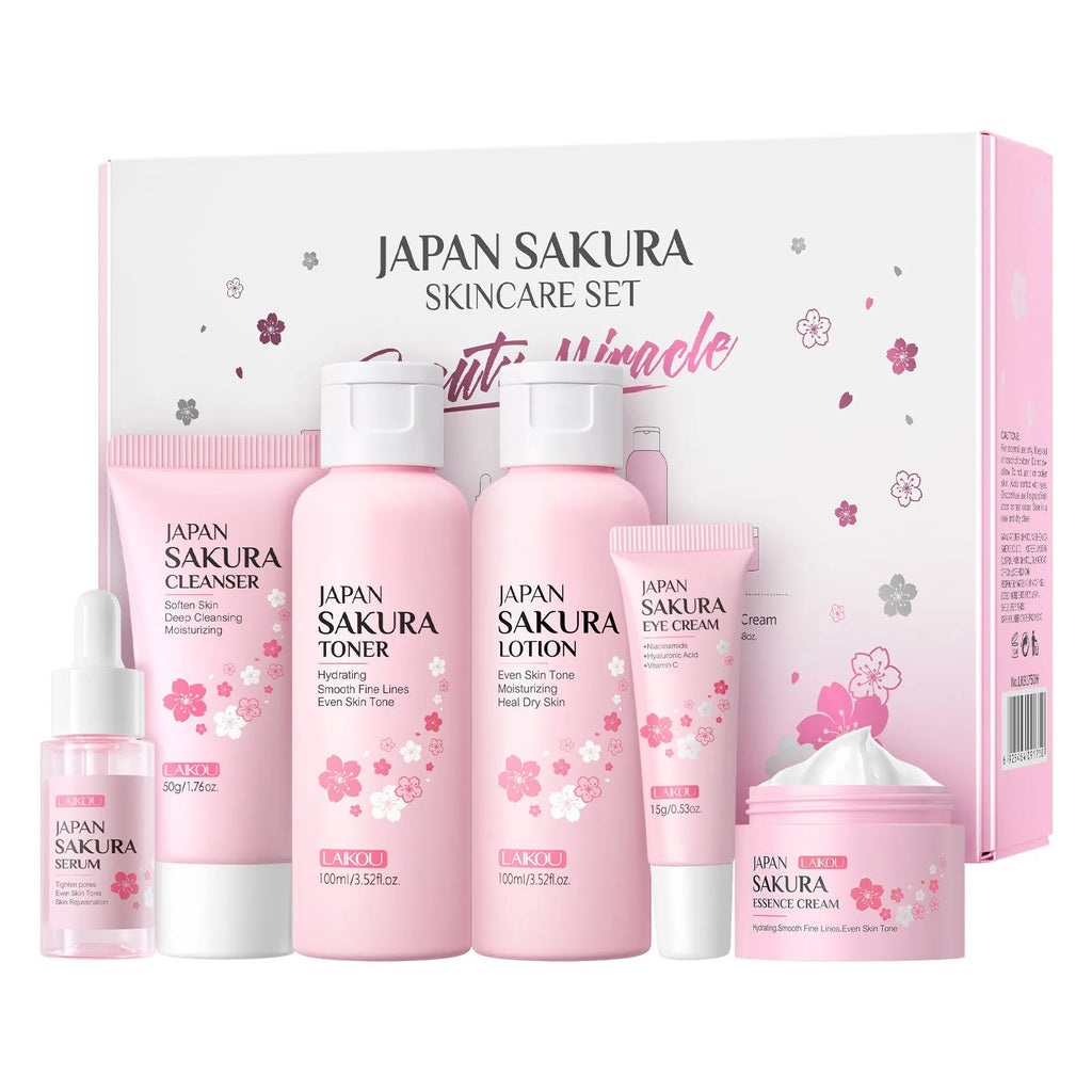 Cherry Blossom 6-piece skin care set with cleansing and brightening facial products