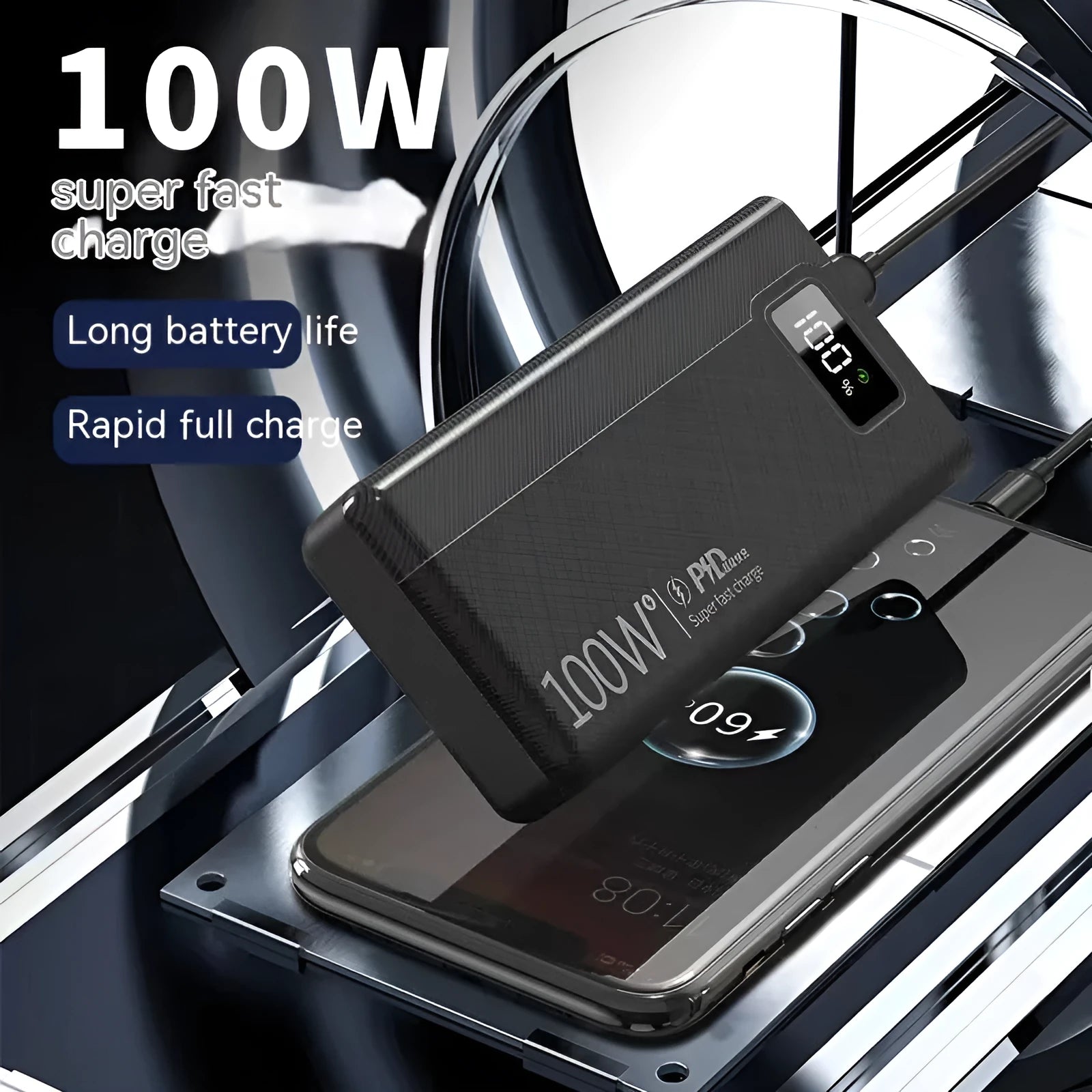 Large capacity power bank in black or white plastic casing with dimensions 150x76mm and multiple thickness options