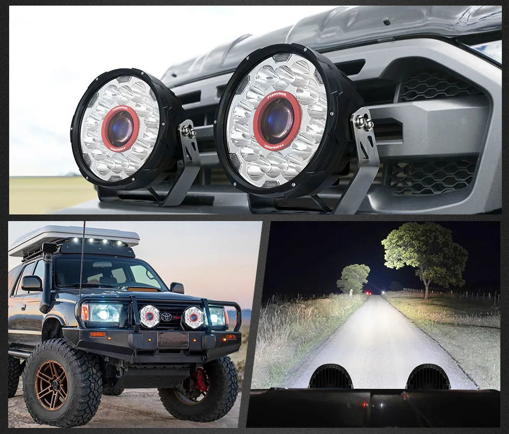 Pair of 7-inch round LED waterproof off-road vehicle lights with red housing