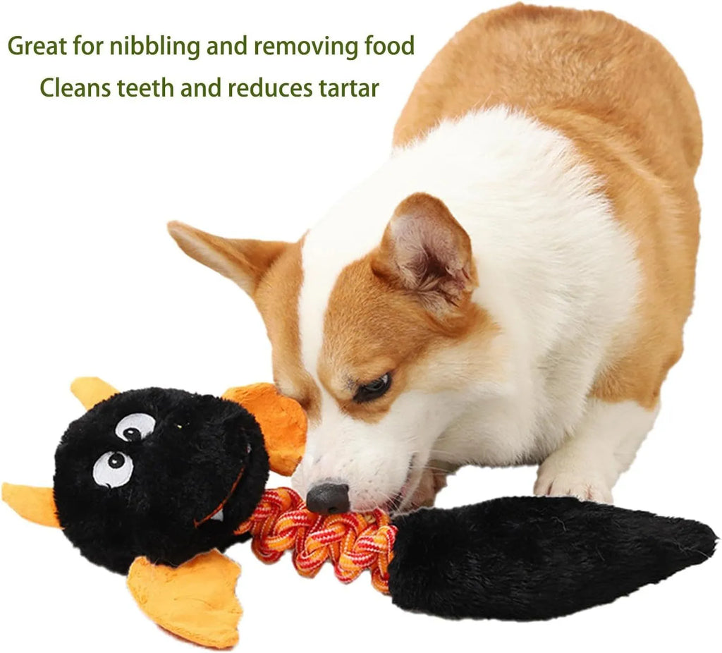 44cm long plush dog toy with squeaker and rope knot in rabbit fleece fabric