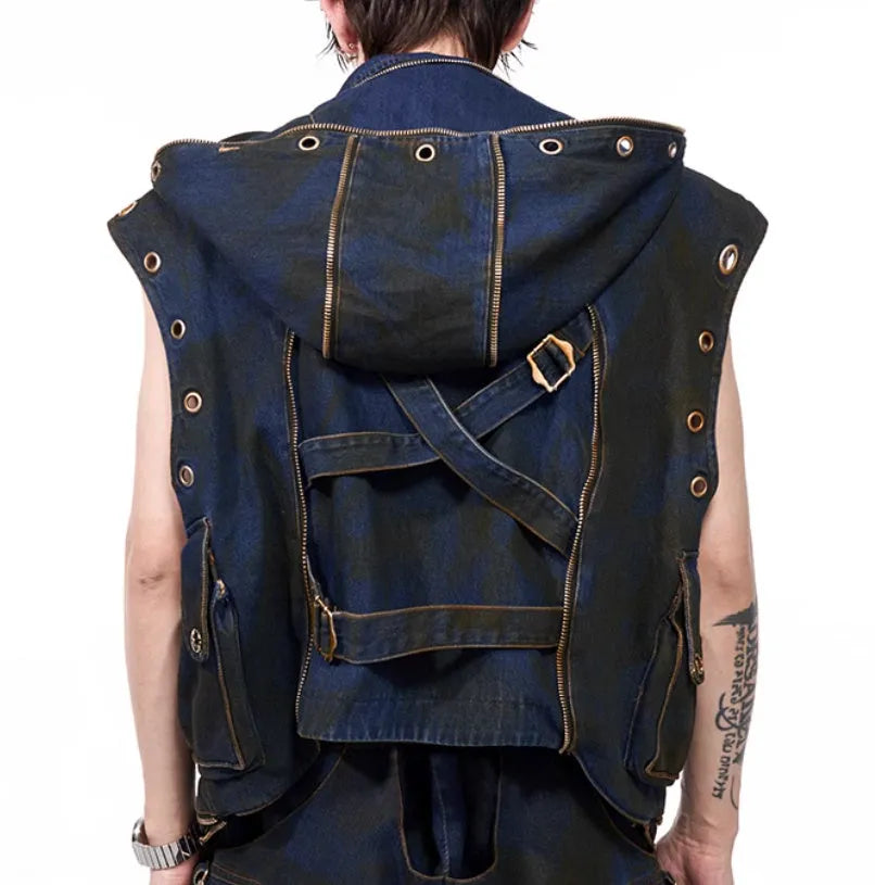 Blue hooded denim vest coat with matching trousers mens Korean style casual set