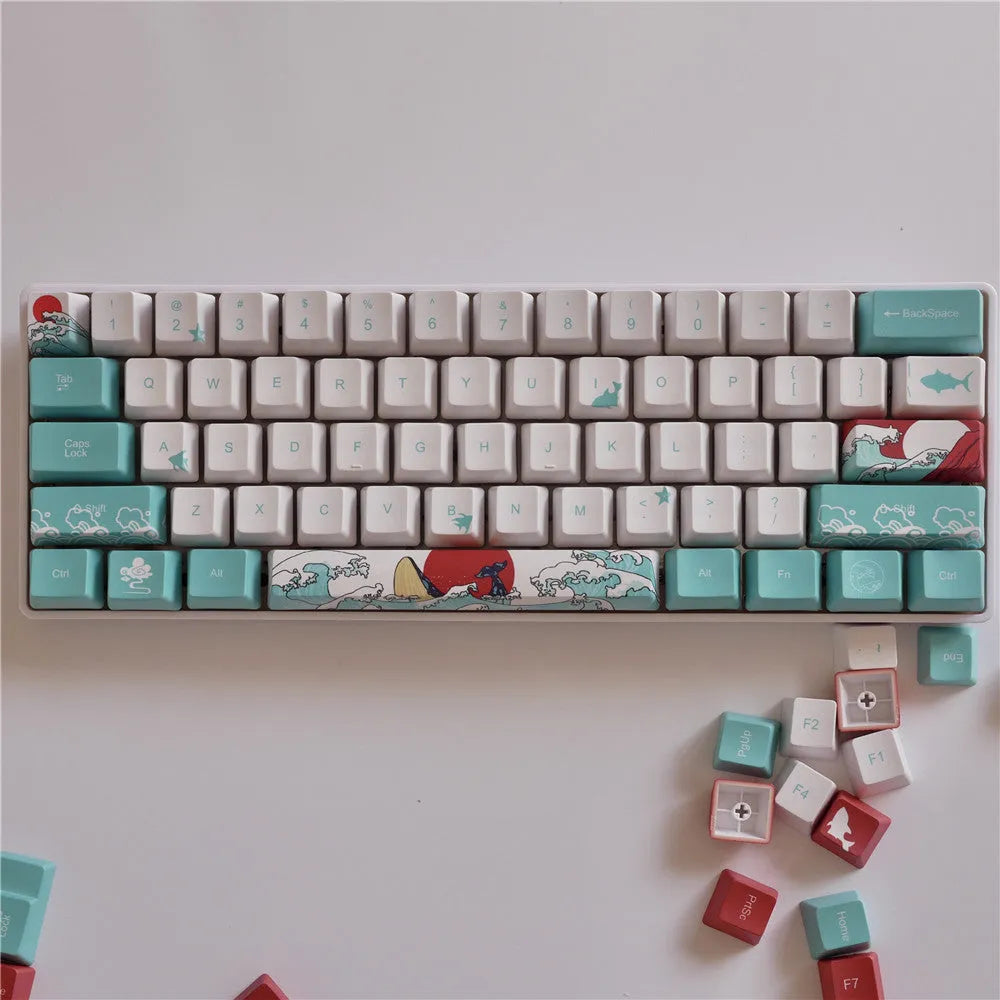 Coral Sea themed PBT keycaps with five-sided sublimation printing and oversized custom buttons for mechanical keyboards