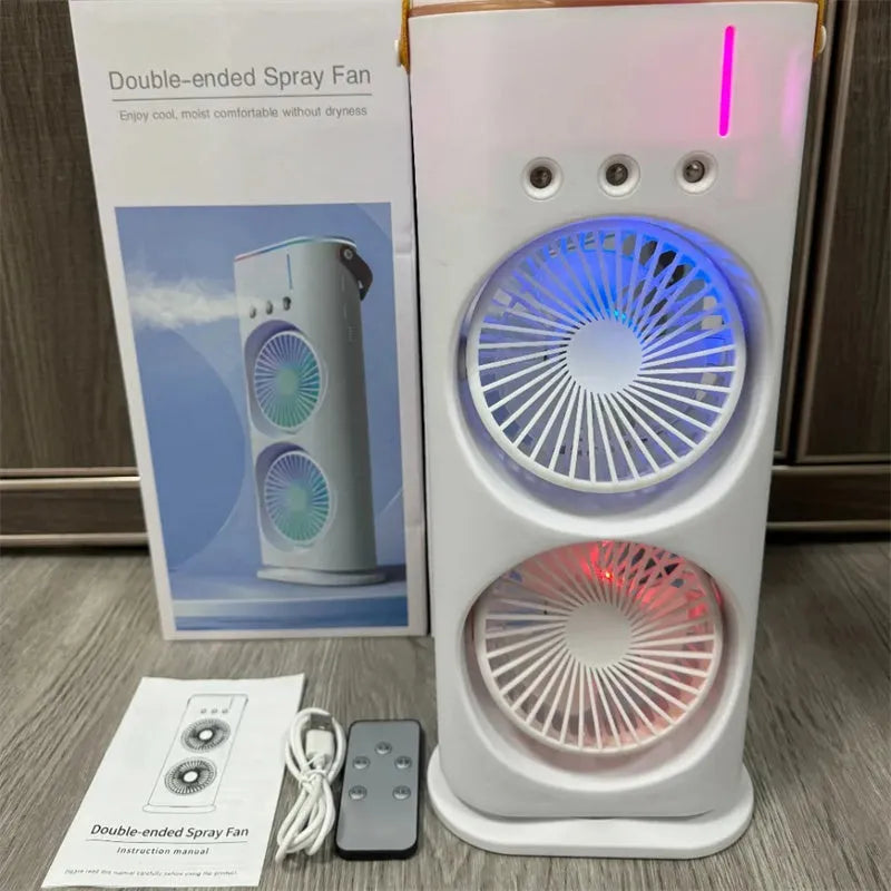 White portable USB desk humidifying fan with double spray heads and remote control.