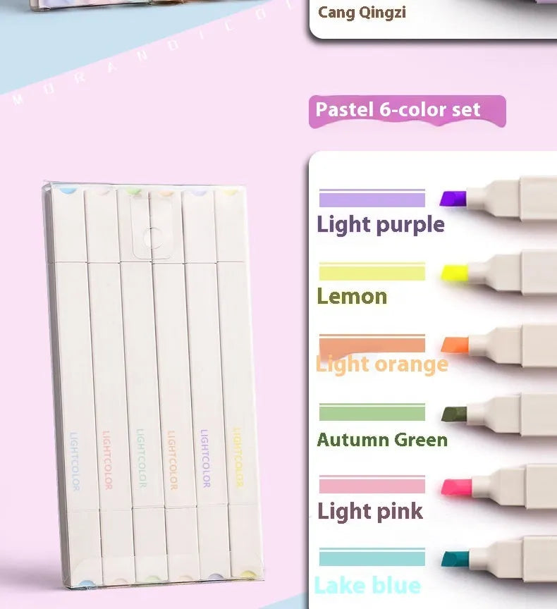Set of six double-headed fluorescent highlighter pens with assorted barrel colours on a white surface.