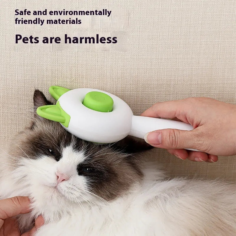 Self-cleaning pet grooming brush with stainless steel teeth and TPR massage nodules in greenish white colour