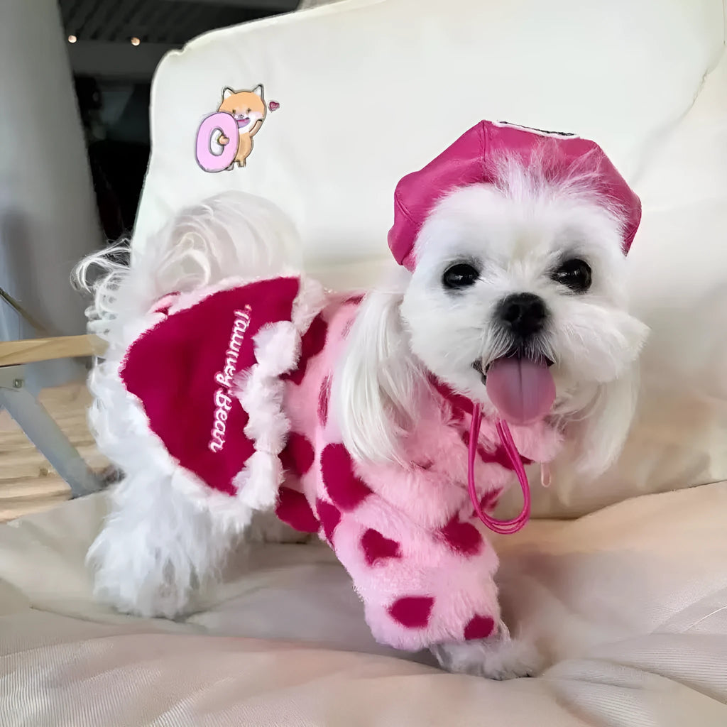 Small dog wearing plush warm coat in pink colour for cold weather protection