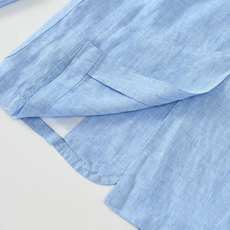 Men's solid colour linen suit coat with stick pocket in light blue