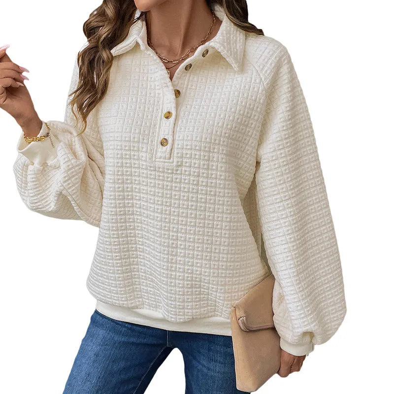 Women's polo collar sweater in solid milky white colour with long sleeves