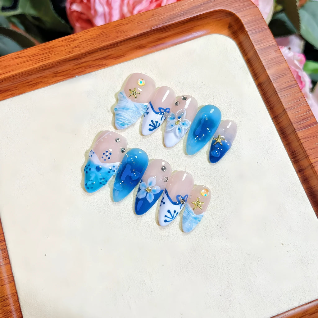 Blue hand-painted carved summer ice transparent wear fake nails in plastic material