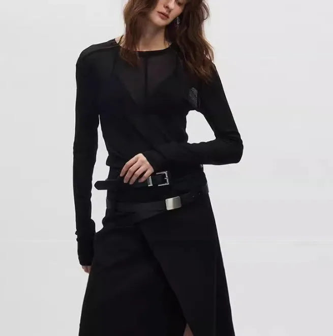 Black slim-fit women's pullover with mesh see-through texture and long sleeves.
