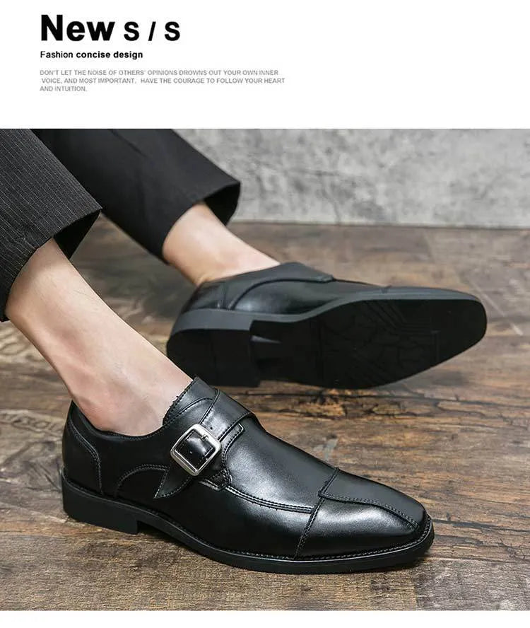 Men's brown blue retro buckle casual shoes with a tall crown microfibre upper.