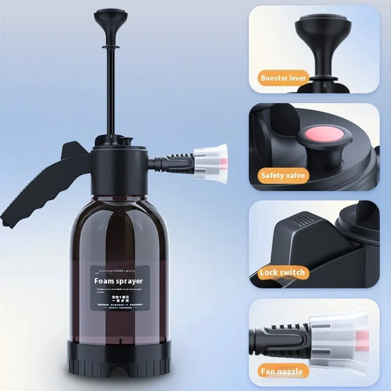 Black 2L foam watering can sprayer with switch lock and aluminium rod for garden and car cleaning
