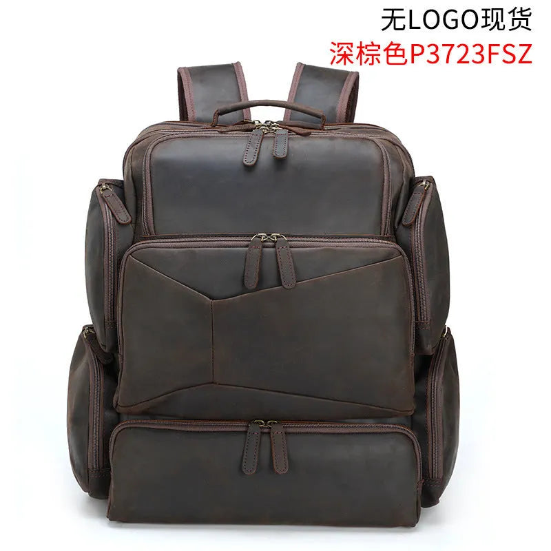 Dark brown Retro Crazy Horse leather backpack for a 17-inch laptop, showing internal organiser pockets.