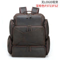Dark brown Retro Crazy Horse leather backpack for a 17-inch laptop, showing internal organiser pockets.