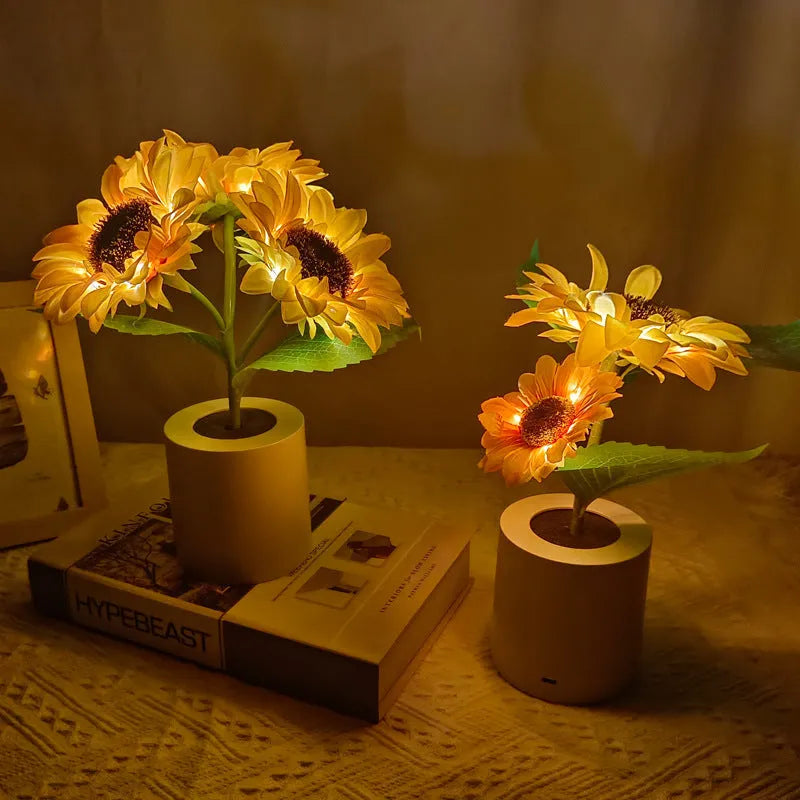 Sunflower LED night light with artificial flowers and rechargeable battery for table decoration