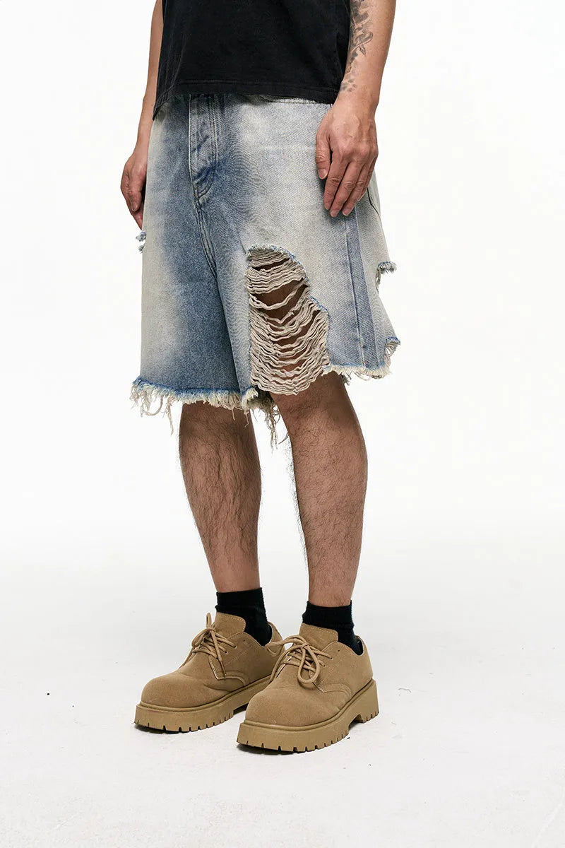 Light blue retro washed men's baggy denim shorts with wide leg cut and mid waist