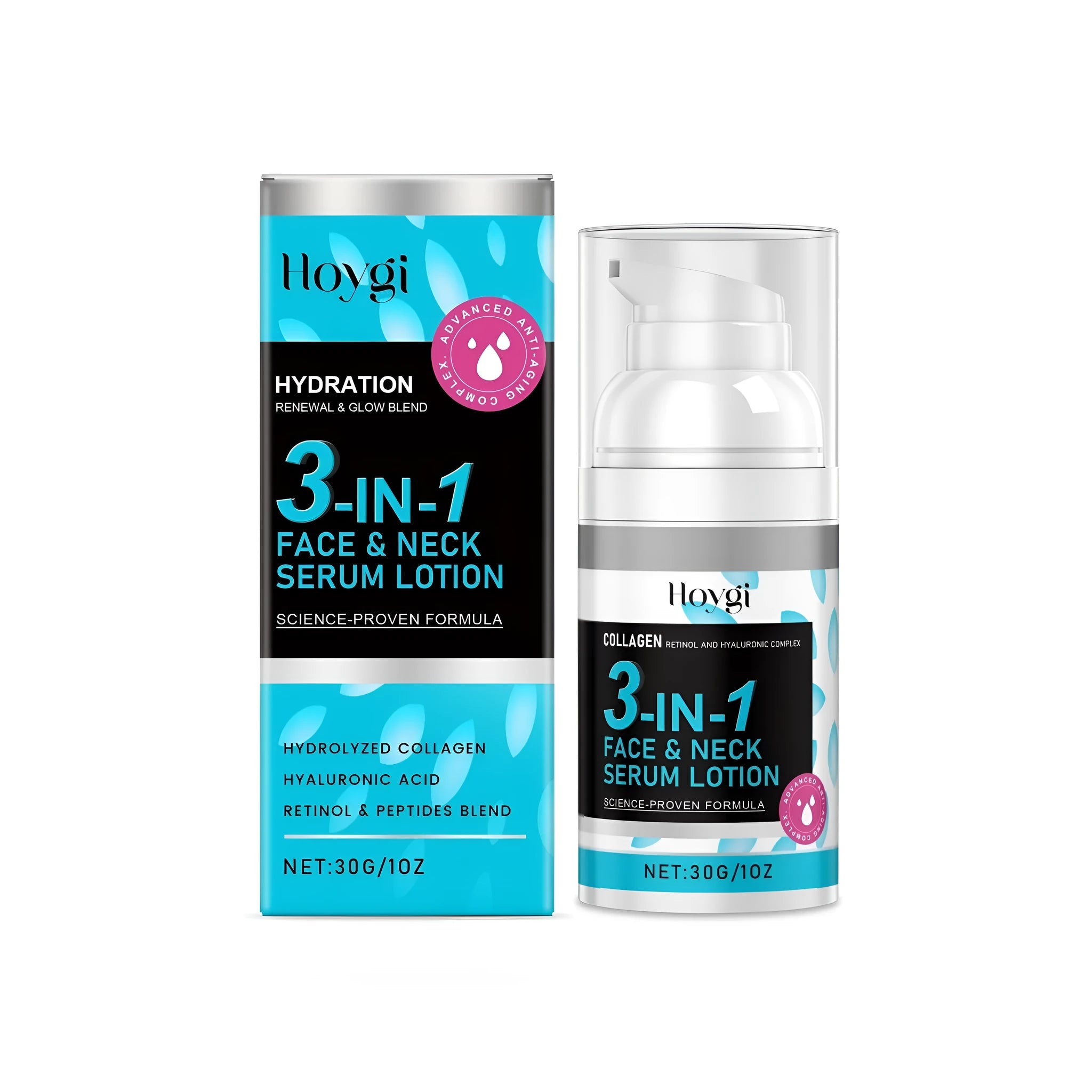 30g bottle of 3-in-1 face neck serum lotion with collagen and retinol
