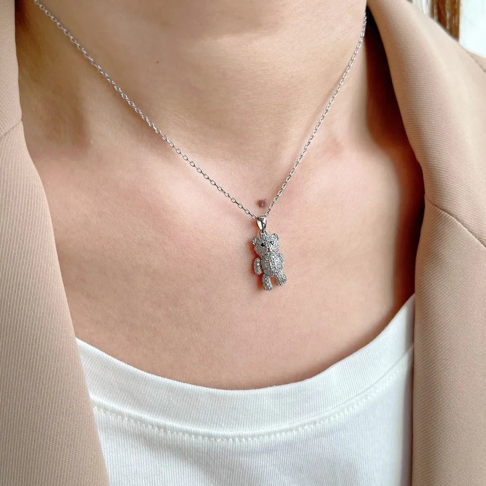 925 silver clavicle necklace with a cute geometric bear pendant in gold or white gold colour for women