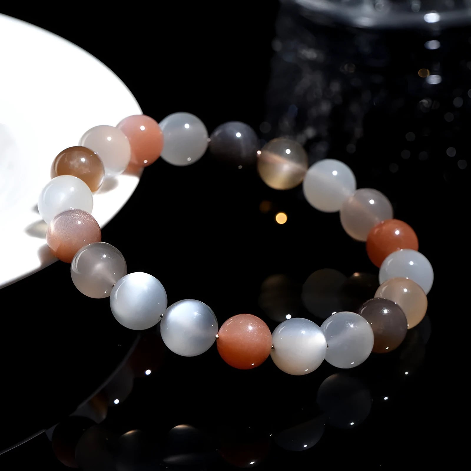 Natural colourful moonlight moonstone duobao bracelet with 8mm stones in single circle construction