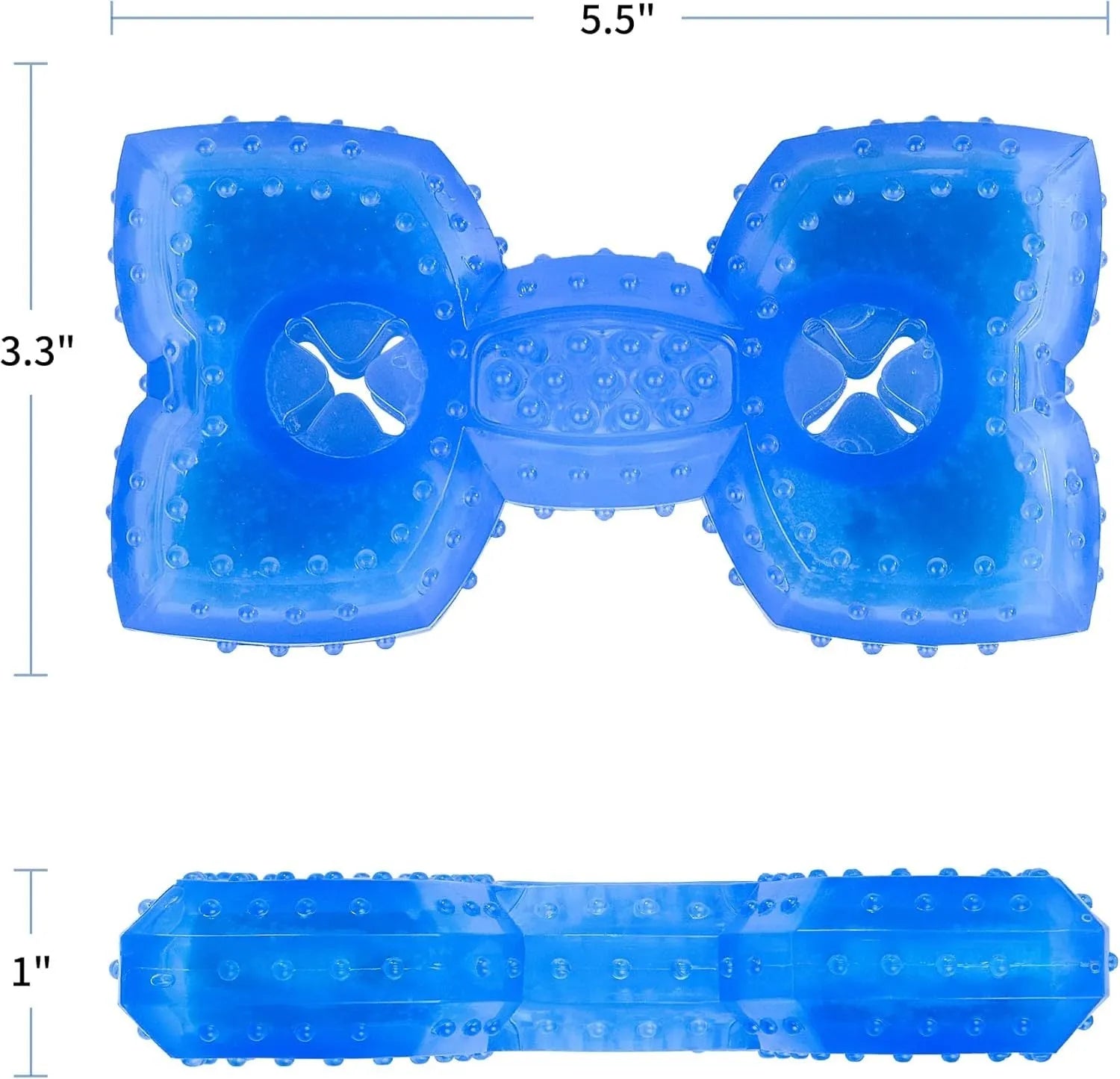 Freezable plastic bone and circle shaped dog chew toys for teething puppies.