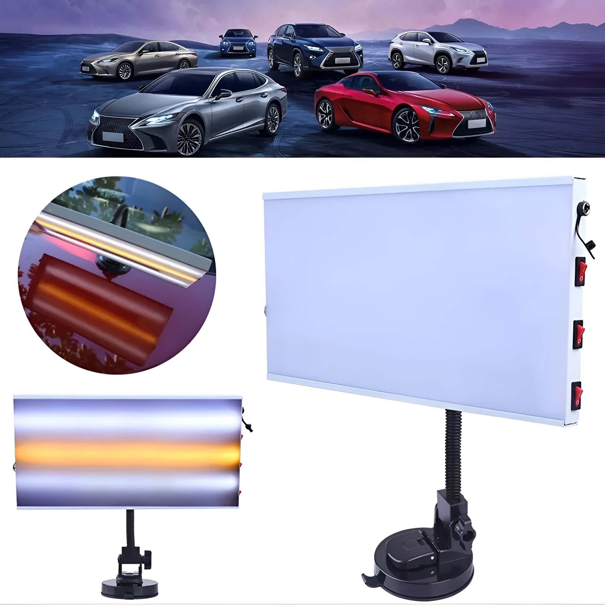 White car dent repair detector suit with concave inspection light for professional bodywork assessment