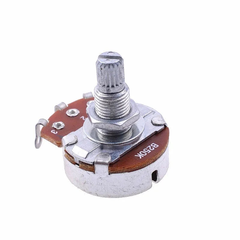 A single metal potentiometer knob for electric guitar, labelled with options A500K Tone, B500K Volume, A250K Tone, B250K Volume.