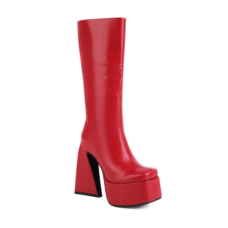 Women's black knee-high casual boots made from artificial PU material on a white background.