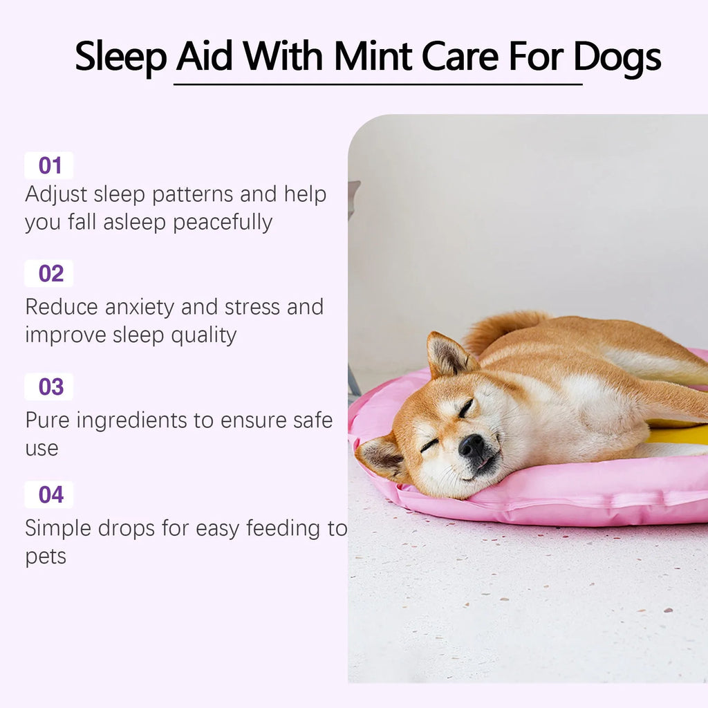 60ml bottle of dog sleep drops calming liquid with mint extract for night-time pet anxiety