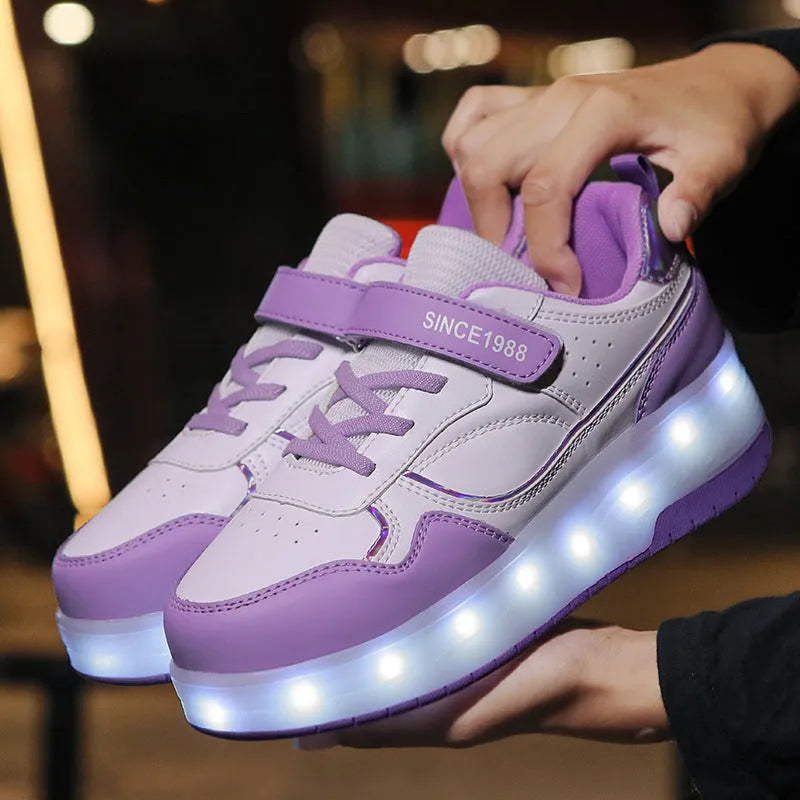 Children's charging flash rollerskates with LED lights in multiple colour options