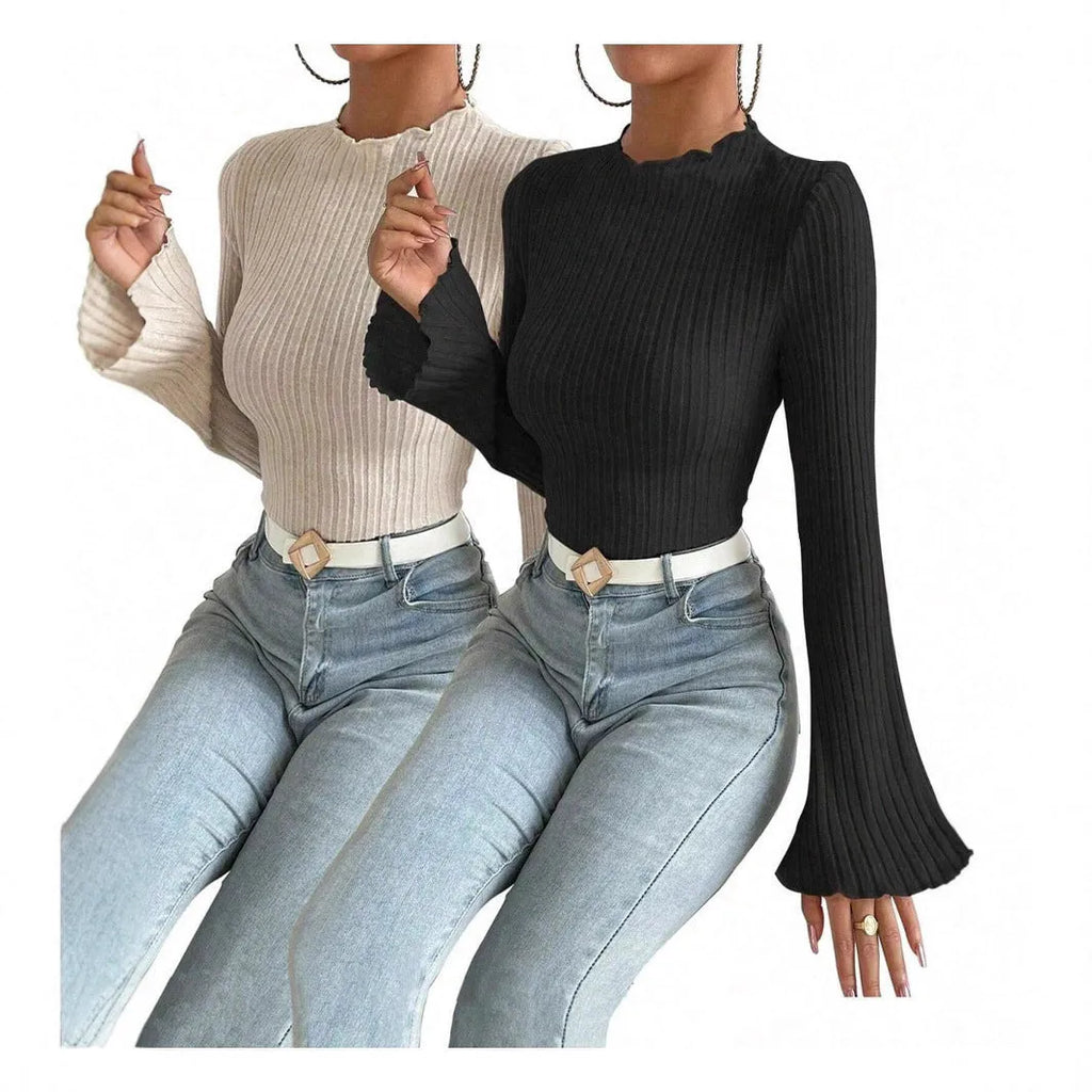 Long sleeve round neck top with lantern sleeves in black colour, slim fit design