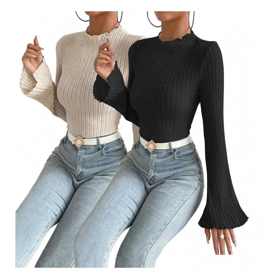 Long sleeve round neck top with lantern sleeves in black colour, slim fit design