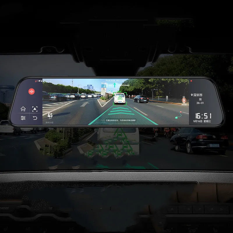 12-inch rearview mirror dash cam and tachograph with dual cameras mounted in a car.