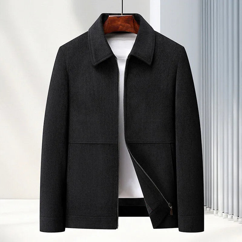 Men's slim fit casual coat in dark blue shown on a model, featuring a thickened design and a neat collar.