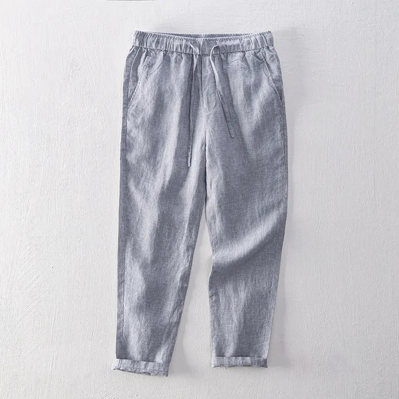 Men's linen straight leg trousers in mid waist design showing white, khaki, light grey and dark grey colour options