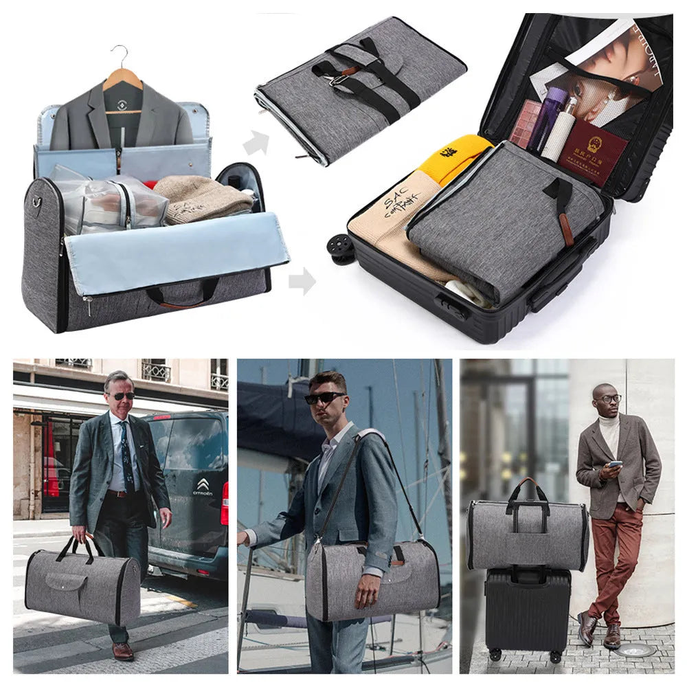 Folding dark blue Oxford cloth duffel bag with handles, shown upright and folded flat.