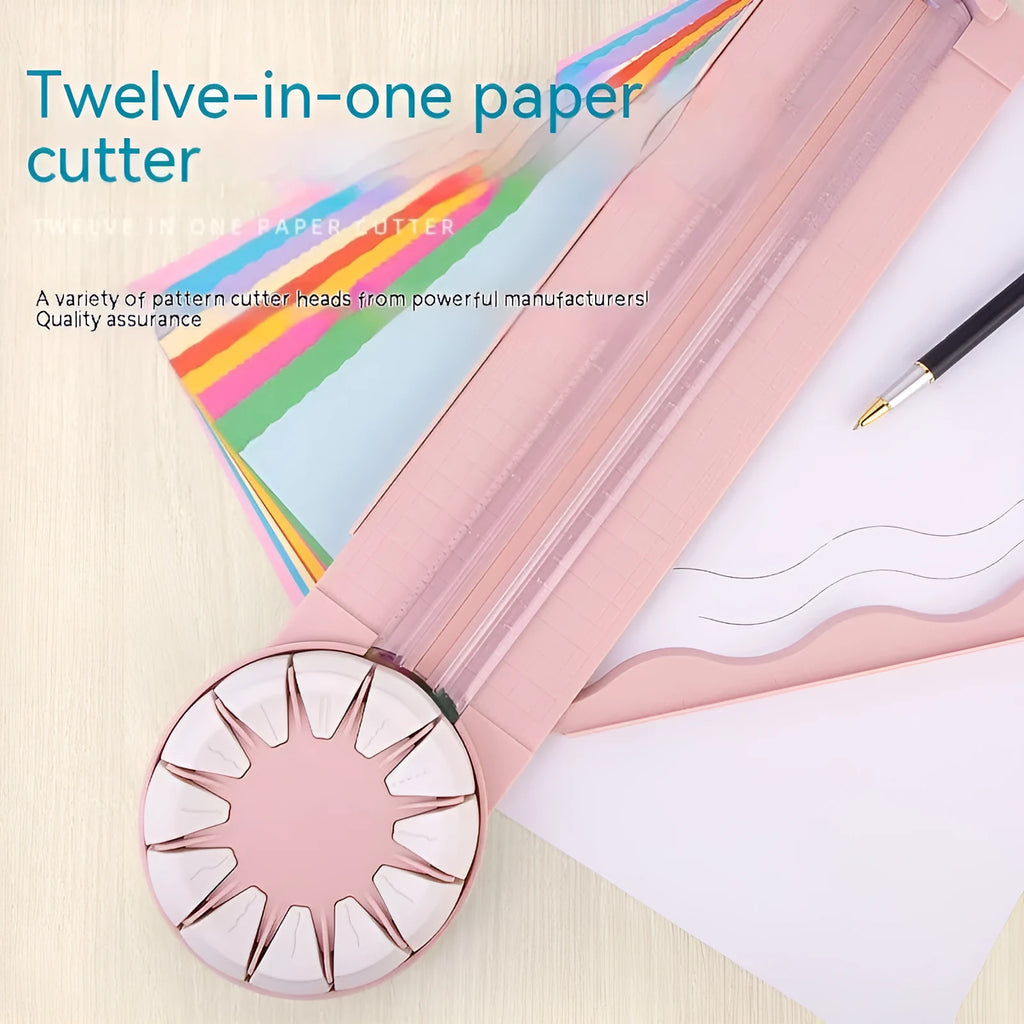 Plastic 12-in-1 paper cutting machine in pink or black colours with dotted cutting mechanism