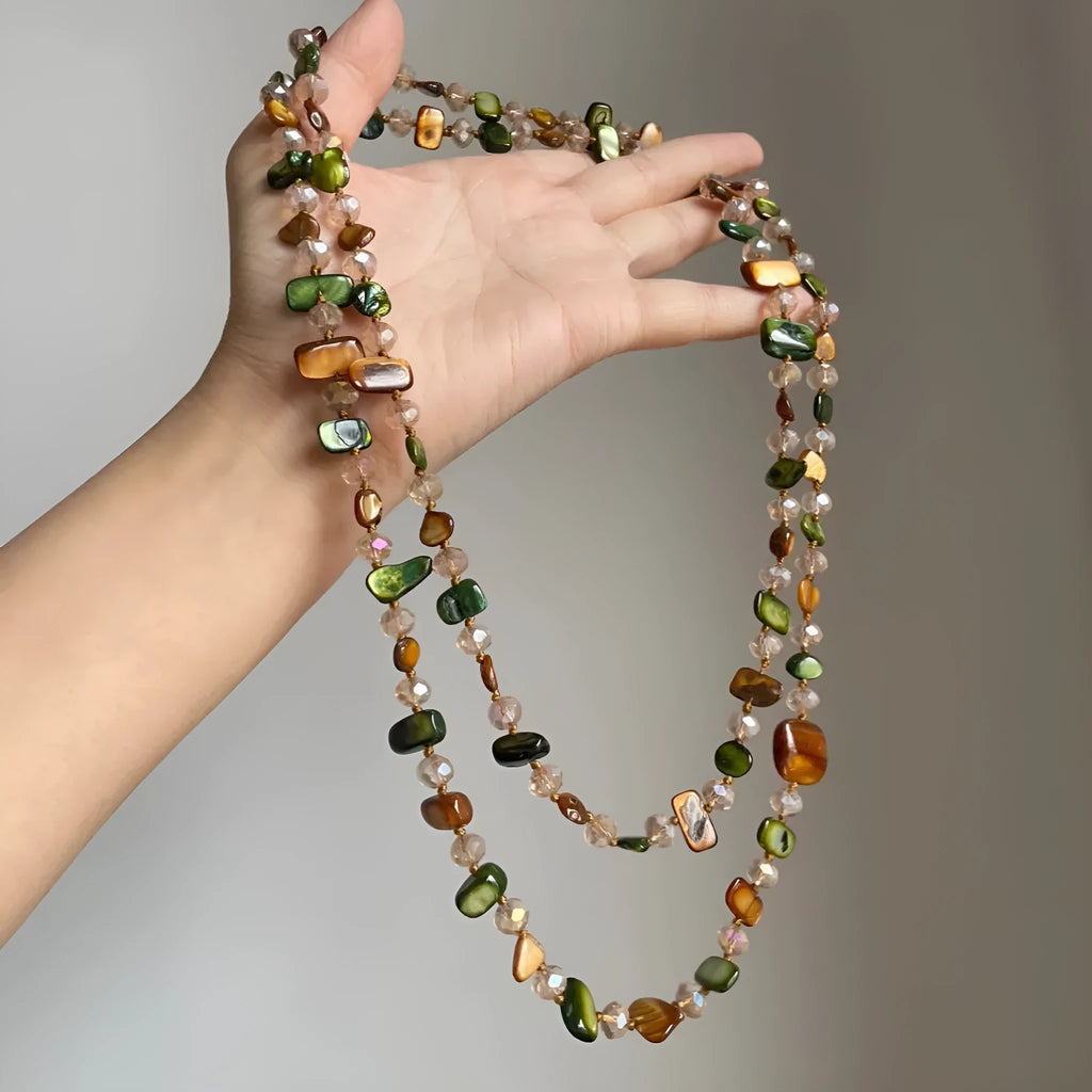 Retro bohemian colorful shell beaded double layer necklace in Coffee Green with mother of pearl geometric pendant