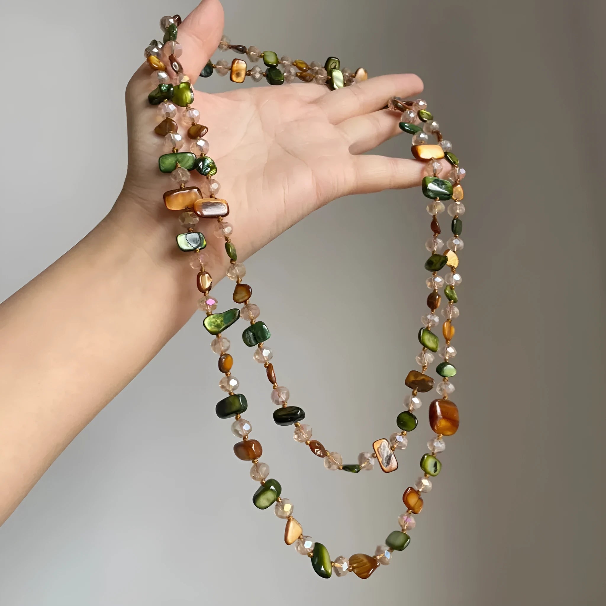 Retro bohemian colorful shell beaded double layer necklace in Coffee Green with mother of pearl geometric pendant