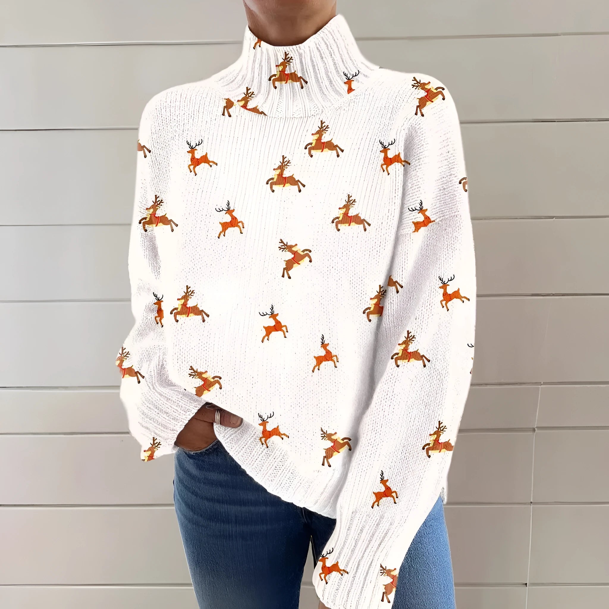 Women's Christmas printed turtleneck sweater in loose-fit casual style with long sleeves