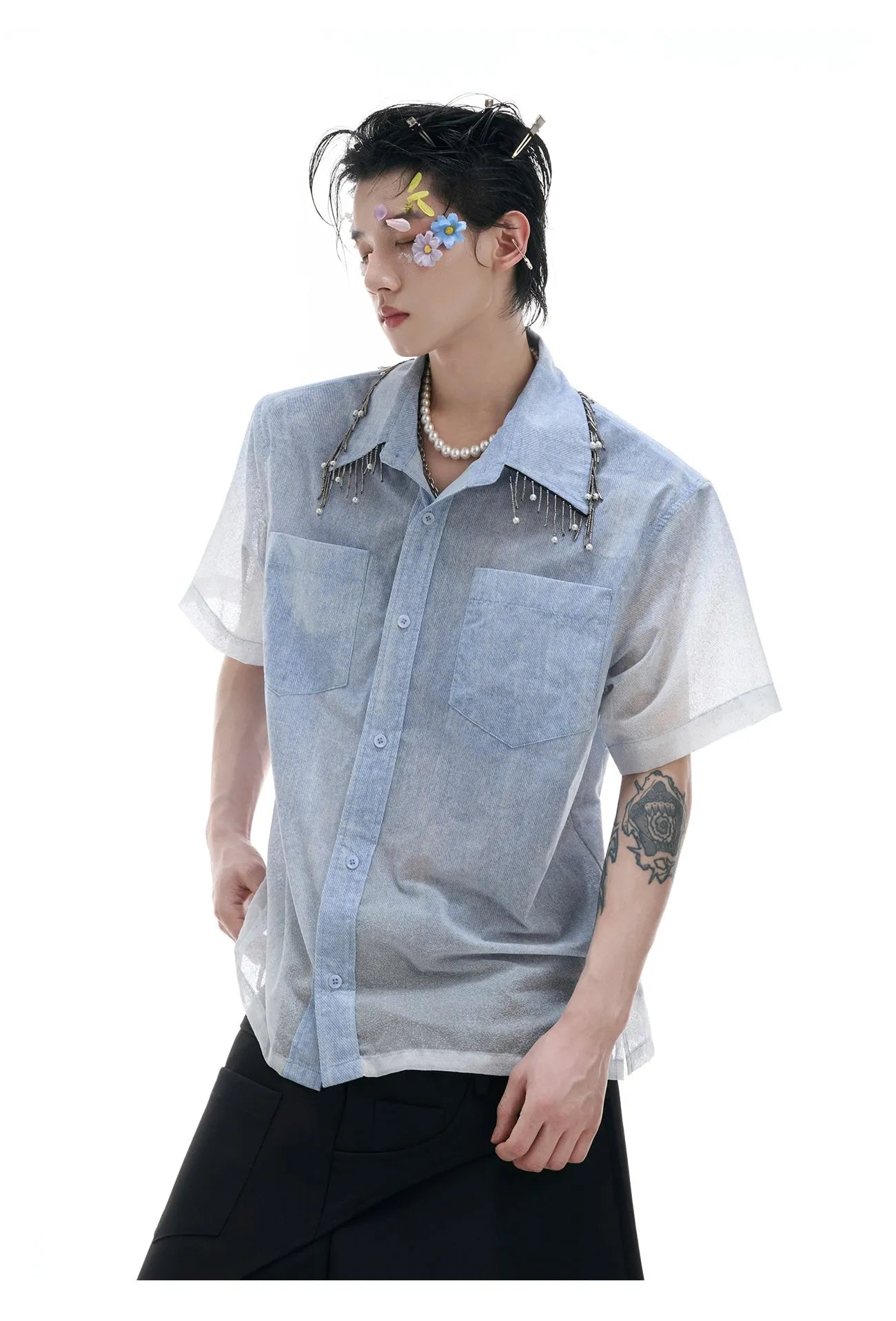 Men's blue and white gradient loose fit shirt with quilted details and short sleeves