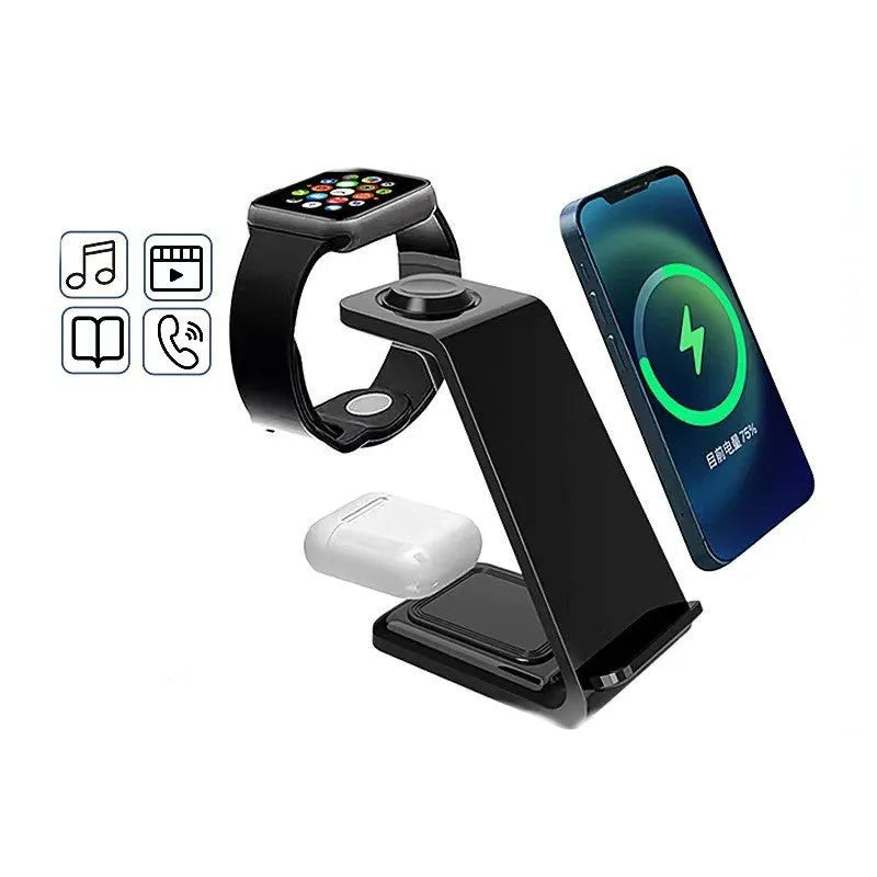 White upright 3-in-1 wireless charging stand holding a mobile phone in portrait orientation.