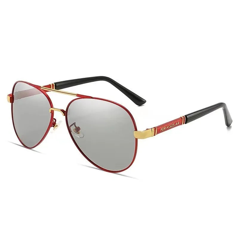 Men's gold metal frame polarised sunglasses with dragon decoration and grey lenses.