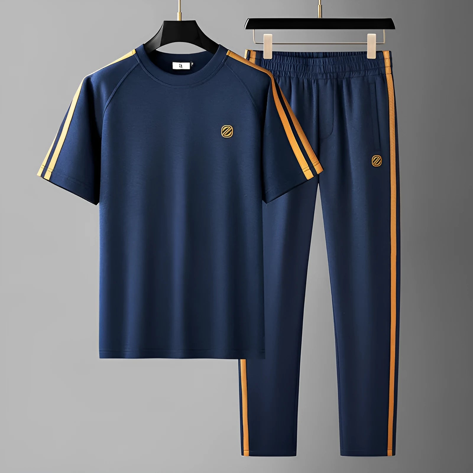 Men's blue ice silk style short sleeve suit set with trousers for sports wear