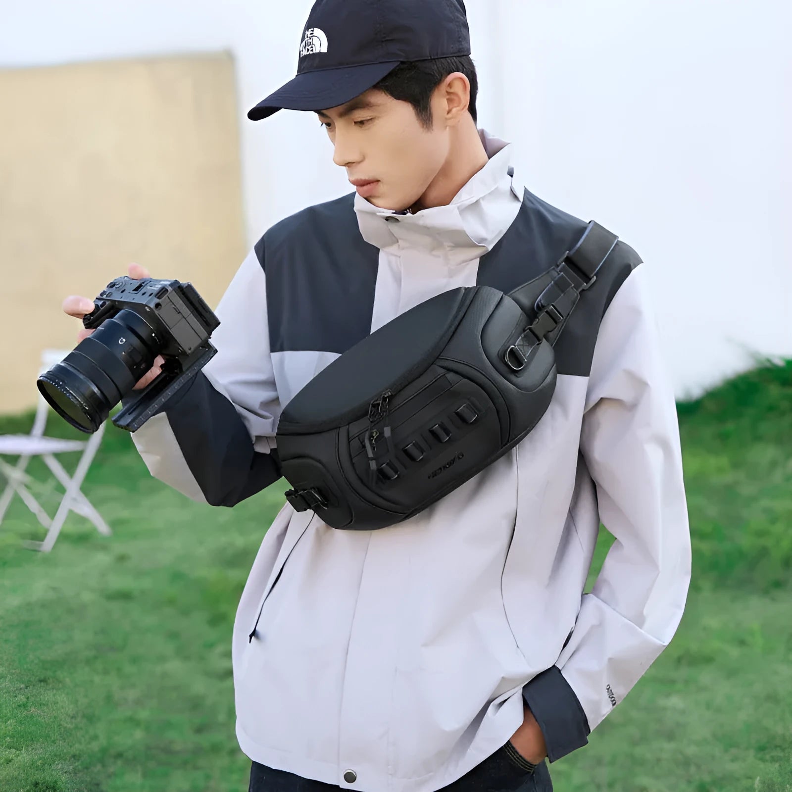 Waterproof Oxford cloth camera shoulder bag in black, grey, or green for DSLR and vidicon cameras