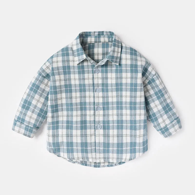 Boys cotton lattice casual shirt with animal pattern in khaki, light blue, pink, or yellow.