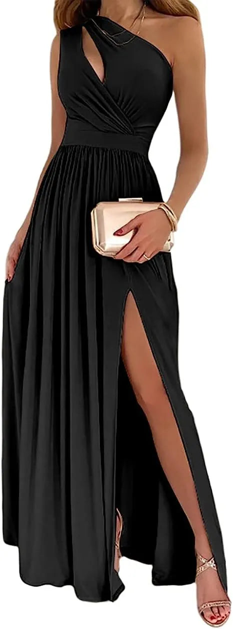 Women's apricot one shoulder maxi dress with high leg split and cutout detail.