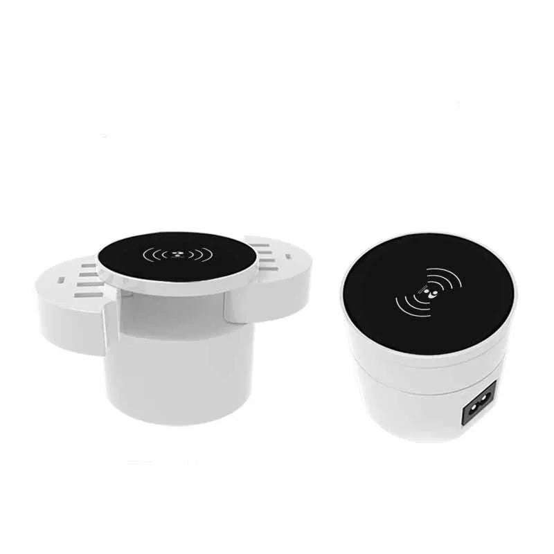 Ceramic white circular wireless charger with multiple ports and international adapters for smartphone charging