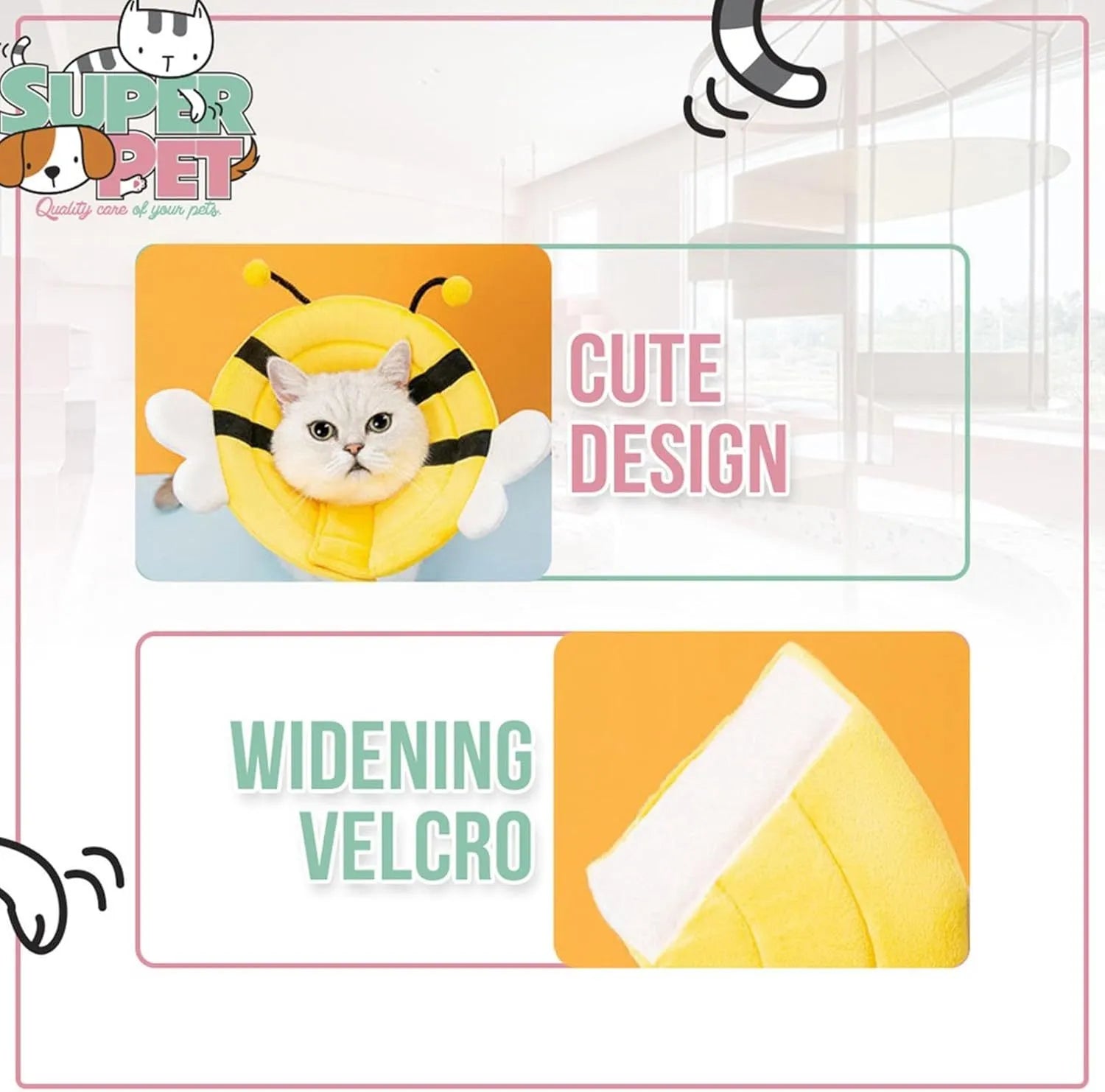 Soft cat cone collar with cute bee design shown on cat