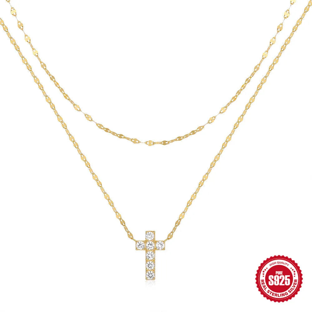 Sterling silver double-layer diamond cross pendant necklace on adjustable clavicle chain