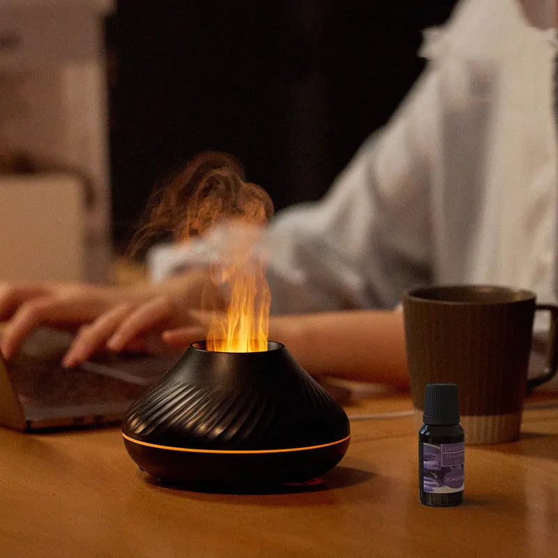 Beige and black USB aroma diffuser lamp with flame effect LED light and mist output